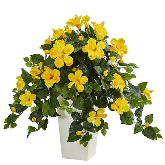 30&#x22; Yellow Hibiscus Plant in White Tower Planter